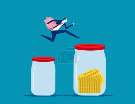Illustration for Jumping up to big piggy bank. Business boosting financial vector illustration - Royalty Free Image
