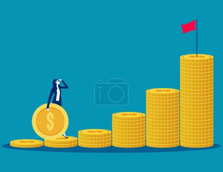 Illustration for Carrying money coin start step on compound money stack. Business stock market vector illustration - Royalty Free Image