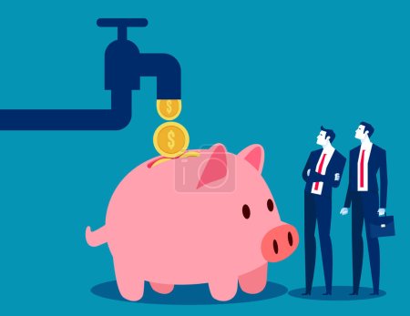 Illustration for Cash flow from pipe into wealthy piggy bank. Business passive income vectorillustration - Royalty Free Image
