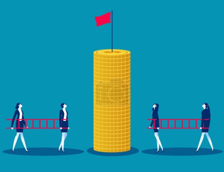 Illustration for Business team climbs a ladder to get a flag atop a high pile coins. Business profit point vecto rillustration - Royalty Free Image