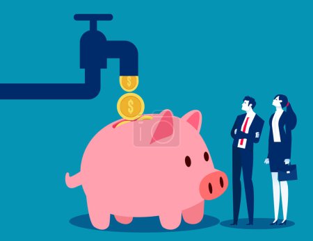 Illustration for Cash flow from pipe into wealthy piggy bank. Business passive income vectorillustration - Royalty Free Image
