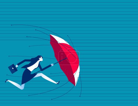 Téléchargez les illustrations : Tenir parapluie pour couvrir et protéger contre la flèche de ralentissement. Protechtion stock in economy crisis - en licence libre de droit
