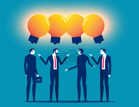 Ilustración de Smart thinking business people office workers team up share lightbulb lamp idea. Compartir ideas de negocio - Imagen libre de derechos
