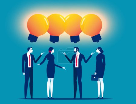 Illustration for Smart thinking business people office workers team up share lightbulb lamp idea. Sharing business ideas - Royalty Free Image