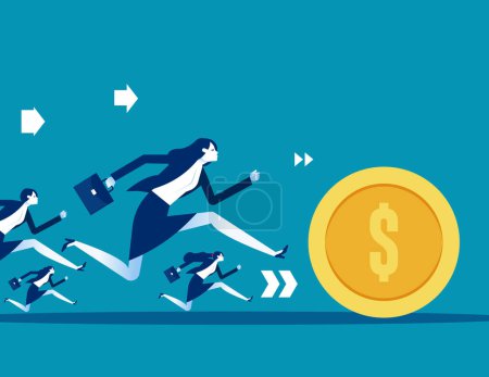 Illustration for Business team runs behind a rolling coin. Business chasing profit vector illustration - Royalty Free Image