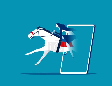 Ilustración de Mujer de negocios montando un caballo en un teléfono inteligente. Competencia empresarial vector ilustración - Imagen libre de derechos