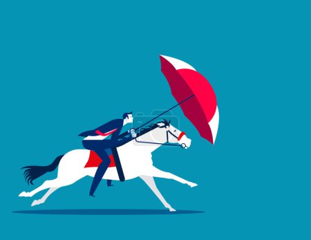 Téléchargez les illustrations : Homme d'affaires monter à cheval et protéger avec un parapluie. Illustration vectorielle d'équitation d'affaires - en licence libre de droit