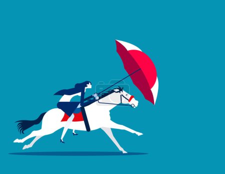 Illustration for Businesswoman ride a horse and protect with umbrella. Business horseback riding vector illustration - Royalty Free Image