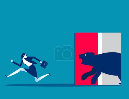 Illustration for Ferocious bear running out of open door scare away businessman. Business bear market vector illustration - Royalty Free Image