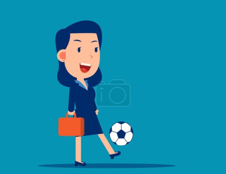 Téléchargez les illustrations : Jeune femme d'affaires jouant au football. Illustration vectorielle de dessin animé d'entreprise - en licence libre de droit
