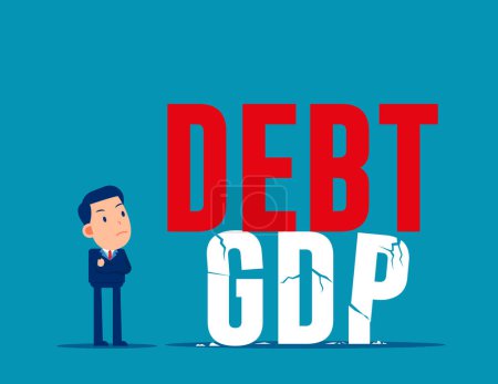 Illustration for Bankruptcy business high risk of debt bloat concept. Debt to GDP crisis, Gross domestic product as recession indicator ratio - Royalty Free Image