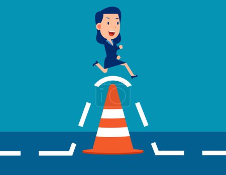 Illustration for Business person jump pass traffic pylon roadblock. Overcome business obstacle - Royalty Free Image