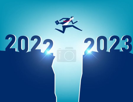 Illustration for A business person jumping to new year 2023 - Royalty Free Image