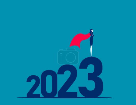 Illustration for Ambitious business person standing on the figures 2023. Business new plan and goal - Royalty Free Image