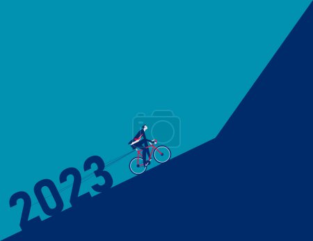 Téléchargez les illustrations : Homme d'affaires à vélo et tirant 2023 vers le haut. Illustration vectorielle de l'effort commercial - en licence libre de droit