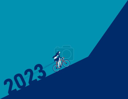 Téléchargez les illustrations : Femme d'affaires à vélo et tirant 2023 monter. Illustration vectorielle de l'effort commercial - en licence libre de droit
