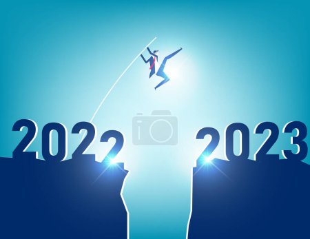 Illustration for Year 2023 overcome business difficulty. Pole vault jump across gap from year 2022 to 2023 - Royalty Free Image