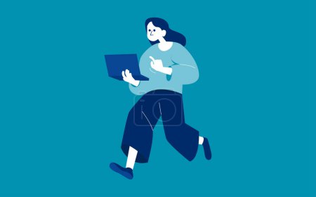 Illustration for Business person hurrying with laptop computer in hands. Freelancer late with work - Royalty Free Image