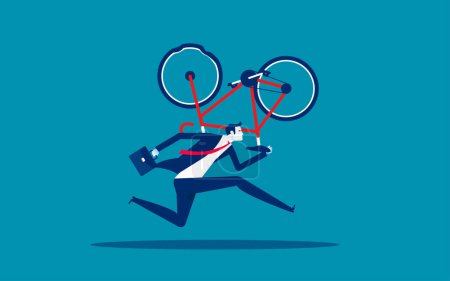 Illustration for Person carrying bicycle and run. Business with broken bike - Royalty Free Image