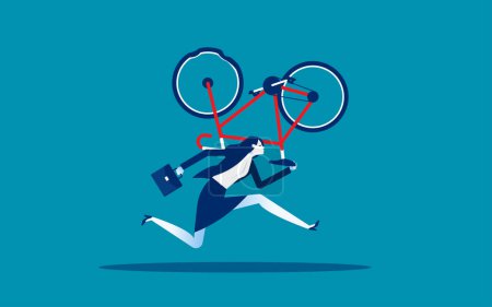 Illustration for Person carrying bicycle and run. Business with broken bike - Royalty Free Image