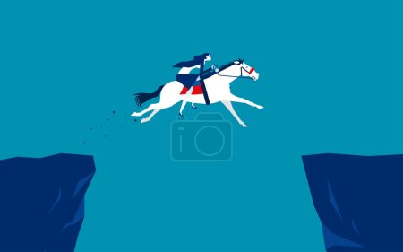 Illustration for Businesswoman riding horse over cliff. Business challenge concept - Royalty Free Image