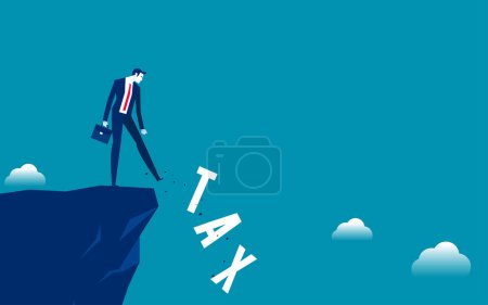 Illustration for Businessman is kicking the tax message to fall off the cliff. Bill and debt concept - Royalty Free Image
