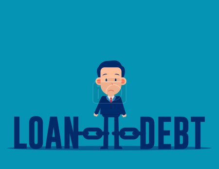 Téléchargez les illustrations : Un homme d'affaires lié entre le prêt et la dette. Illustration vectorielle de dessin animé d'entreprise - en licence libre de droit