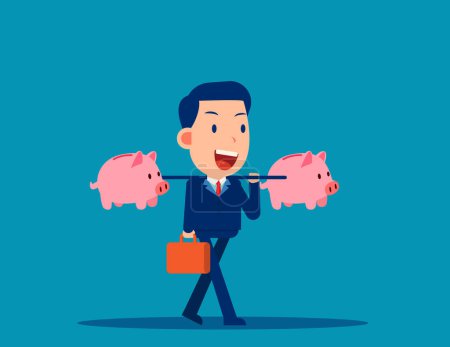 Illustration for Businessman carrying piggy bank. Finance and industry concept - Royalty Free Image