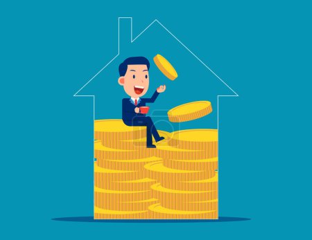 Illustration for Businessman with pile of money. REIT investment and saving to buy a house - Royalty Free Image