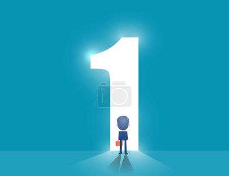 Ilustración de De pie frente a una puerta abierta en forma de número uno. Ilustración del vector empresarial - Imagen libre de derechos