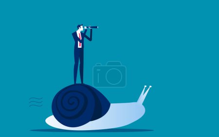 Illustration for Look in binoculars on snail. Business slaw growth or bad results - Royalty Free Image