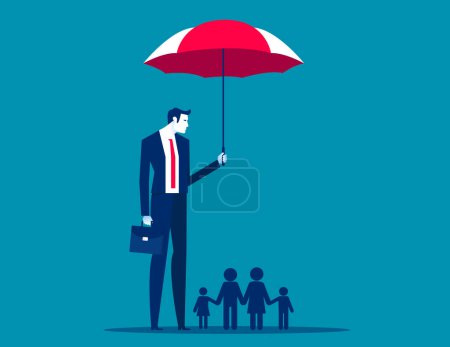 Téléchargez les illustrations : Homme d'affaires avec parapluie protégeant une famille. Illustration vectorielle famille d'entreprises - en licence libre de droit