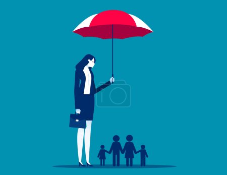 Illustration for Businesswoman with umbrella protecting a family. Business family vector illustration - Royalty Free Image