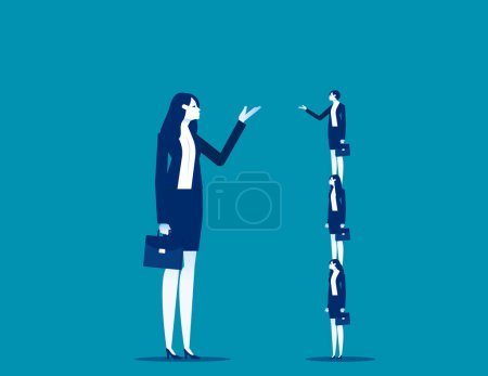 Illustration for Small business on top of human pyramid negotiate with a big business person. Business vector illustration concept - Royalty Free Image