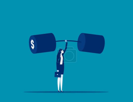 Illustration for Businesswoman successfully with lifting overweight dollar coin. Business vector illustration concept - Royalty Free Image