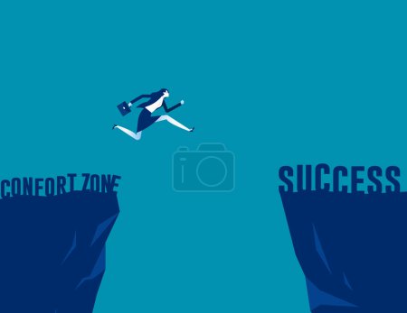 Illustration for Businesswoman jumping over cliff in the concept. Business vector illustration - Royalty Free Image