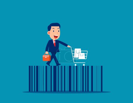Ilustración de Customer and shopping cart over shop barcode. Consumer shopping habit - Imagen libre de derechos