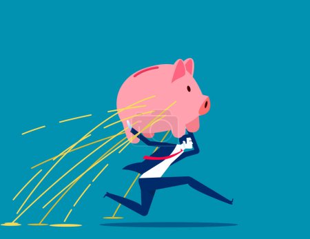 Illustration for Businessman with piggy bank leaked. Business disappearing bank deposits - Royalty Free Image