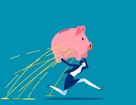 Illustration for Businesswoman with piggy bank leaked. Business disappearing bank deposits - Royalty Free Image