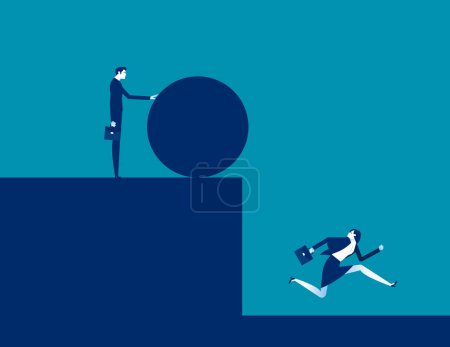 Illustration for Tries to push the iron ball. Business betrayal and crisis concept - Royalty Free Image