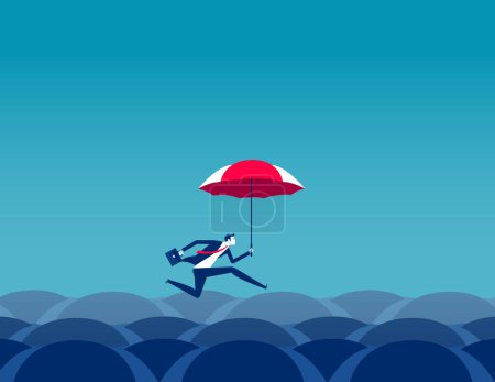 Illustration for Businessman over with red parasols for best protection. Business discovering vector illustration - Royalty Free Image
