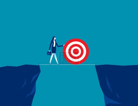 Illustration for Business people pushing a target to the edge of another mountain. Business new goals and plans vector illustration - Royalty Free Image