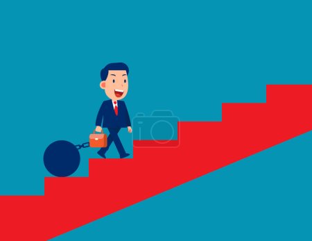 Illustration for Person walking up stairs with weighted pendulum. Business vector illustration concept - Royalty Free Image