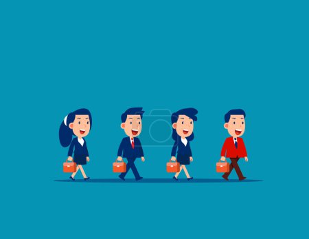 Ilustración de Líder lleva a los empleados en una línea para caminar hacia adelante. Concepto de liderazgo empresarial - Imagen libre de derechos