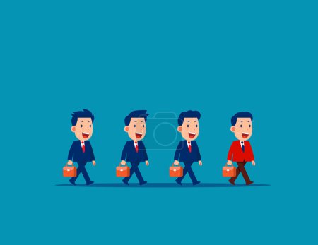 Ilustración de Leader leads the employees in a line to walk forward. Business leadership concept - Imagen libre de derechos