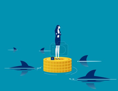 Illustration for Standing with gold coins around the shark. Business vector illustration concept - Royalty Free Image