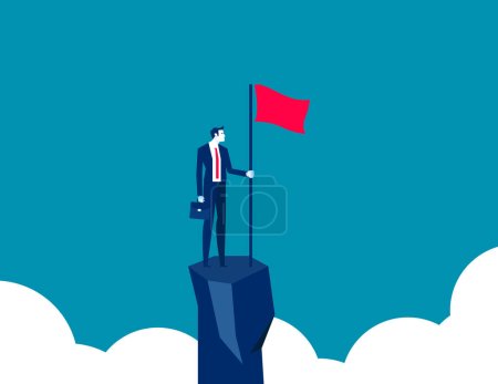 Téléchargez les illustrations : Homme d'affaires debout au sommet d'une montagne tenant un drapeau. Illustration vectorielle d'entreprise - en licence libre de droit