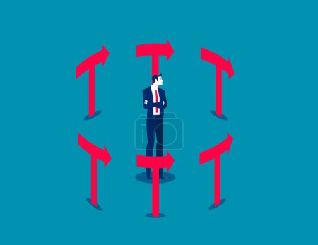 Illustration for Businessman confused by messy signs. Business vector illustration - Royalty Free Image