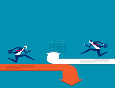 Illustration for Robot running on the different arrow opposite direction. Business artificial intelligence concept - Royalty Free Image