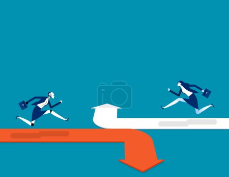 Illustration for Robot running on the different arrow opposite direction. Business artificial intelligence concept - Royalty Free Image